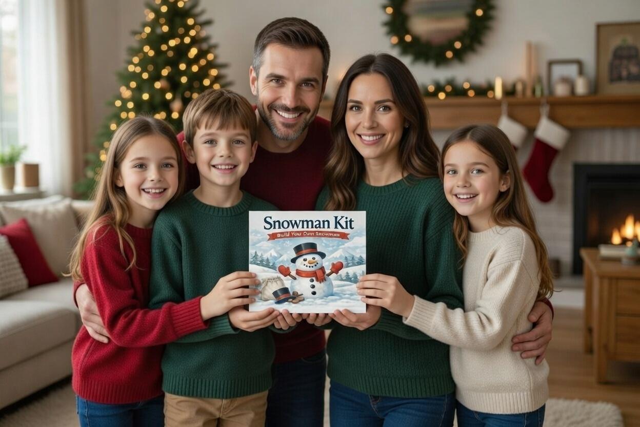 Familie mit Snowman Kit im Winter
