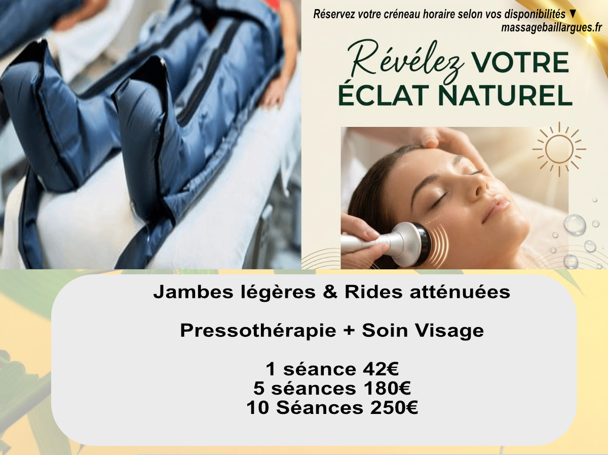 Soin jambes et visage Baillargues 
Forfait Drainage jambes et soin visage kobido 
Tarifs privilégiés 10 séances 250€ 
Réservez en ligne ! 
