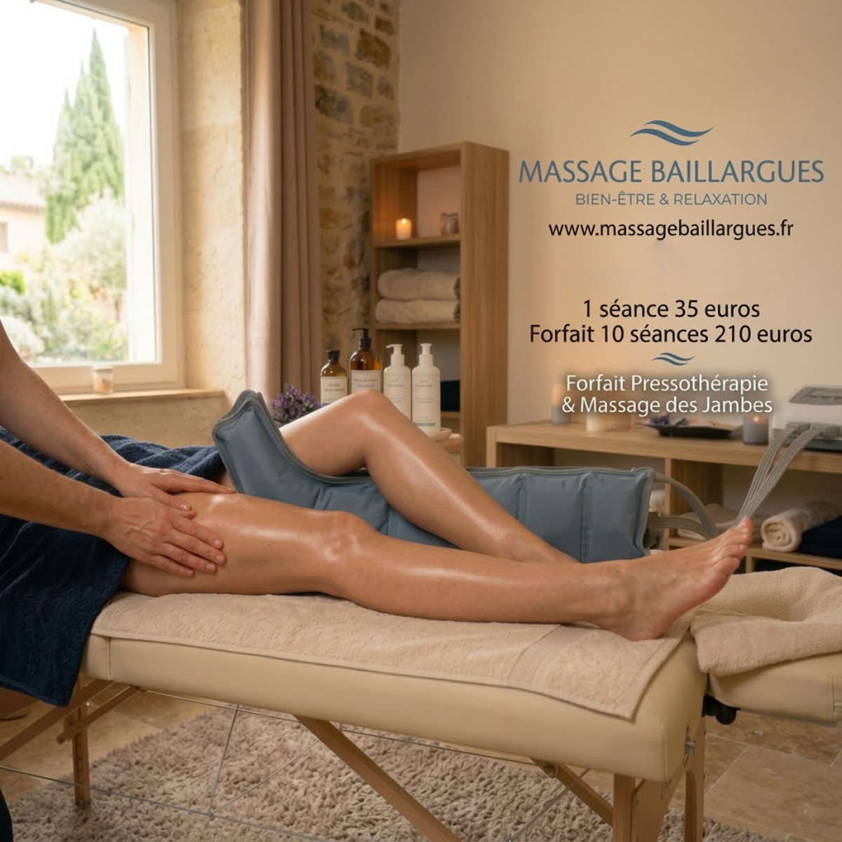 Soin des jambes complet
à proximité de Mauguio Castries Lunel et Montpellier
Massage Baillargues vous propose 1 séance pressothérapie et massage des jambes pour seulement 35 Euros
Réservez votre RDV en ligne