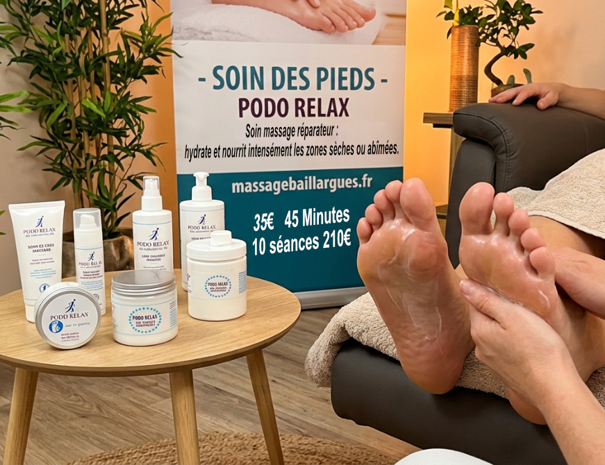 Soin des pieds à Baillargues
Soulagement immédiat : apaise la sensation de jambes et pieds lourds.
Relaxation profonde : dénoue les tensions musculaires et articulaires de la voûte plantaire.
Soin réparateur : hydrate et nourrit intensément les zones sèches ou abîmées.