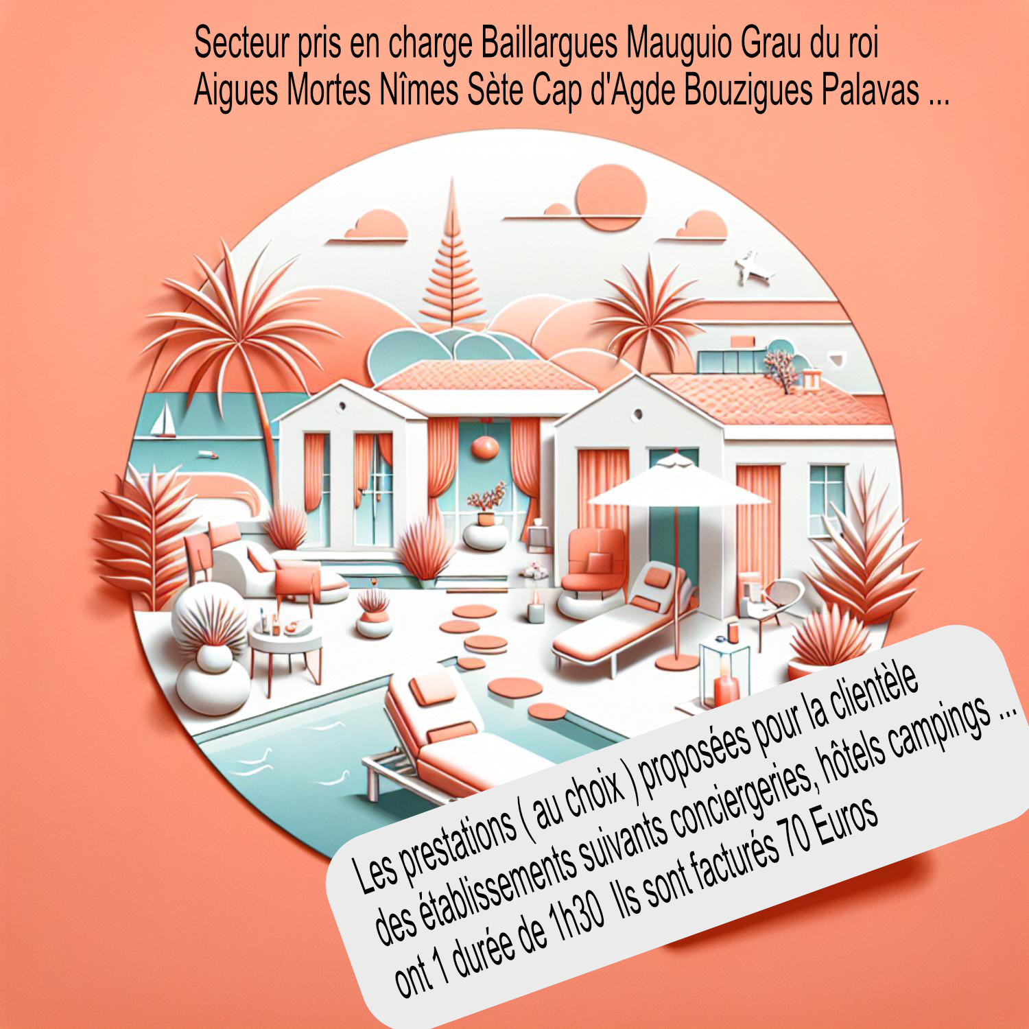 Les prestations ( au choix ) proposées pour la clientèle 
des établissements suivants conciergeries, hôtels campings ...
ont 1 durée de 1h30 sont facturés 70 Euros
Secteur pris en charge Baillargues Mauguio Grau du roi Aigues Mortes
Nîmes Sète Cap d'Agde Bouzigues Palavas ...