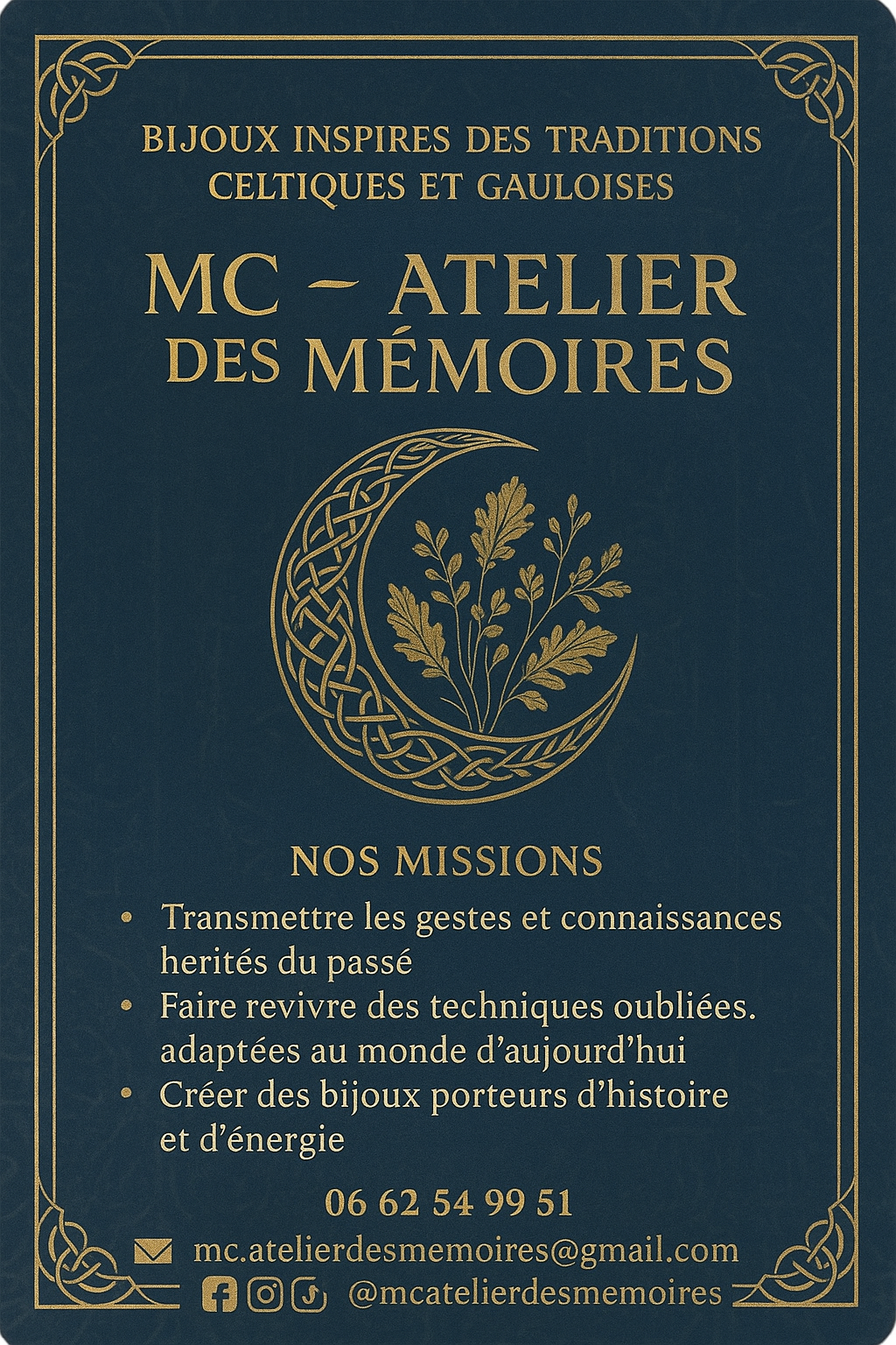 MC – Atelier des Mémoires crée et transmet des bijoux inspirés des techniques ancestrales celtiques et gauloises. Nos ateliers permettent d’apprendre l’art de la bijouterie traditionnelle tout en explorant l’histoire et la culture celtique. Découvrez nos créations artisanales uniques, fabriquées avec passion et respect des traditions