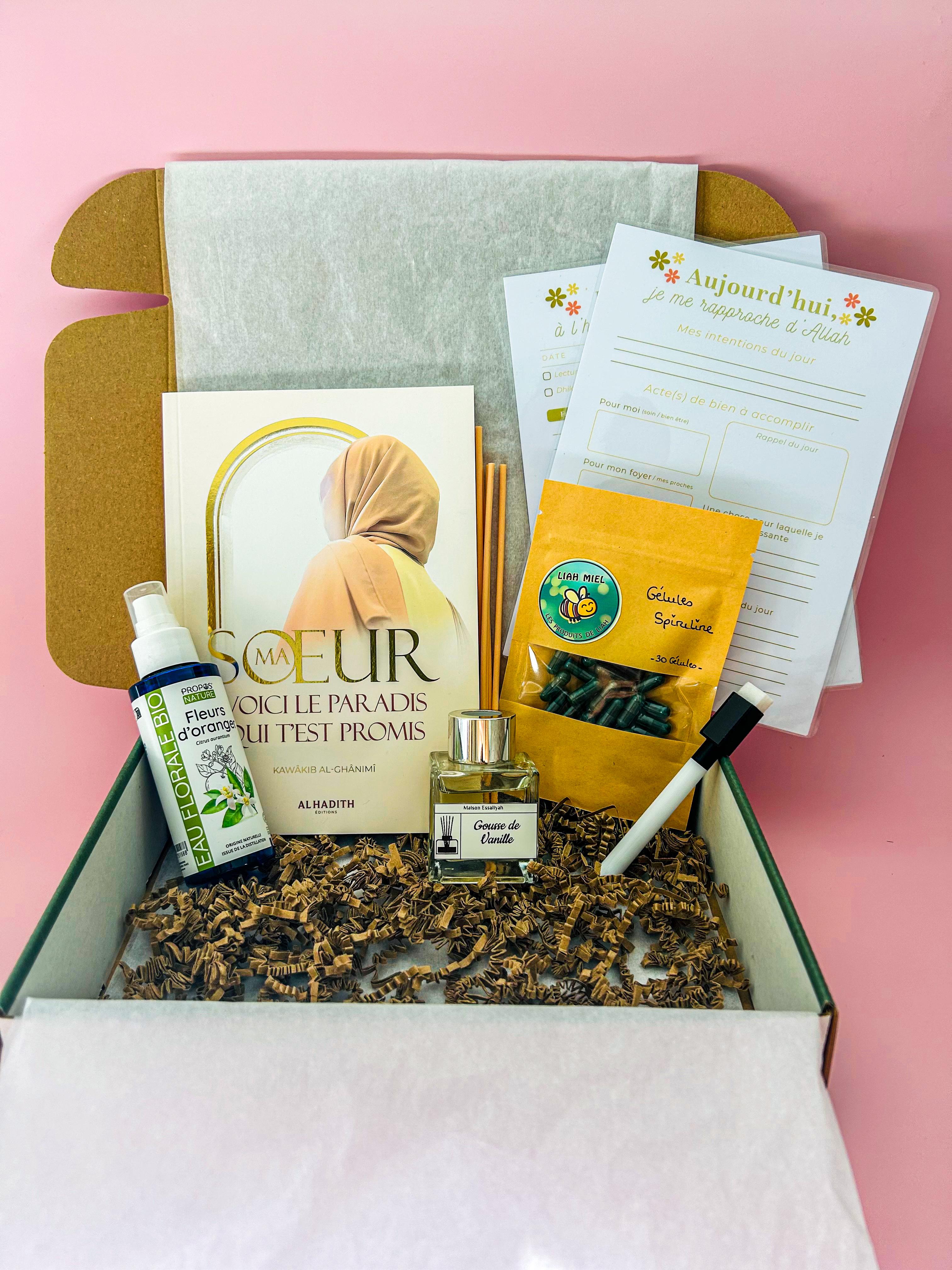 Himma Box – coffret self-care musulman avec livre, diffuseur vanille, brume fleur d'oranger et spiruline – Noor al Deen box