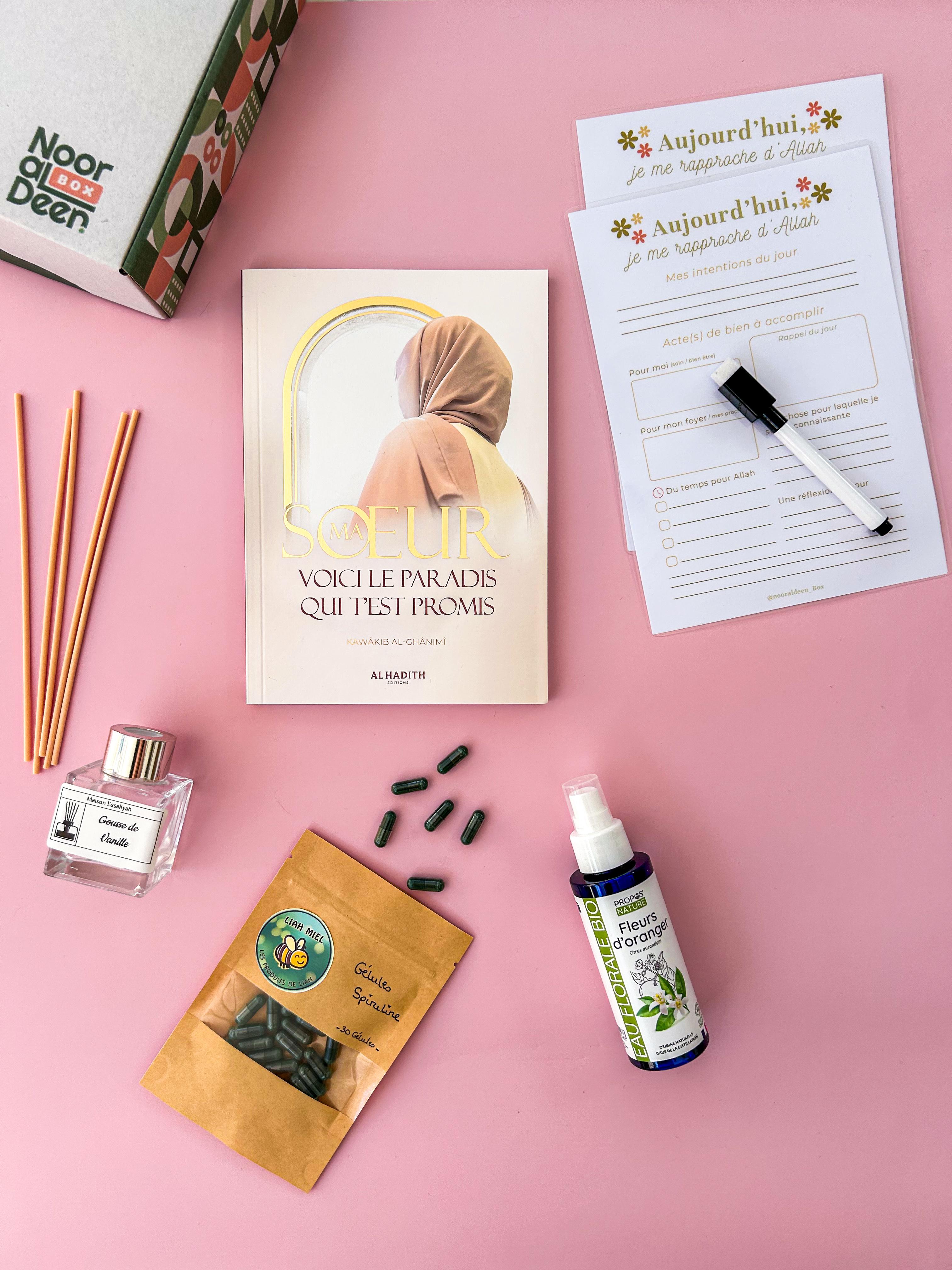 Himma Box – coffret self-care musulman avec livre, diffuseur vanille, brume fleur d'oranger et spiruline – Noor al Deen box