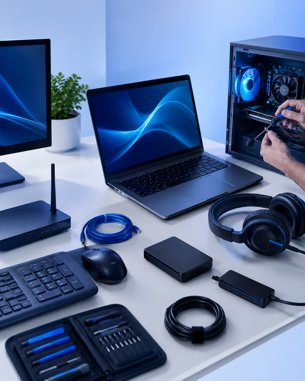 Técnico realizando manutenção em computador com acessórios de informática
