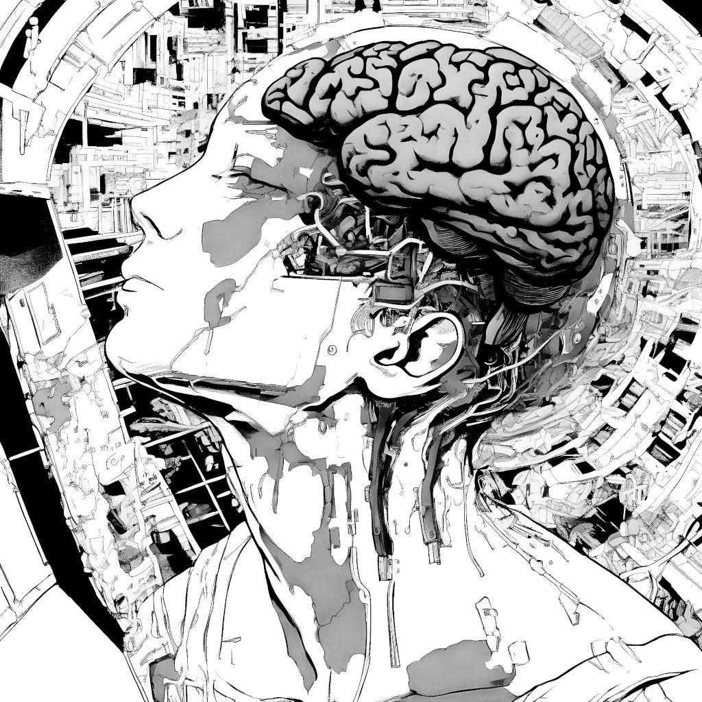 This is a highly detailed black-and-white illustration that combines elements of human anatomy with urban landscapes. The central focus is a large, intricately drawn brain, which appears to be emerging from or integrated into the body of a person. The person's head is tilted back, and their eyes are closed, giving the impression of deep thought or perhaps a state of unconsciousness. The brain is depicted with fine lines and shading, highlighting its complex structure.
Surrounding the brain and the person's head are various urban elements, such as buildings, roads, and possibly bridges or other architectural structures. These elements are drawn in a similar style to the brain, with detailed lines and shading that create a sense of depth and complexity. The urban landscape seems to be superimposed onto the person's body, suggesting a fusion between the human mind and the cityscape.
The overall composition is dynamic and thought-provoking, blending the inner workings of the human brain with the external environment. The use of monochrome tones enhances the contrast and detail, making each element stand out clearly. This artwork could be interpreted as a commentary on the relationship between the human mind and the urban environment, or it might represent the idea of the city being a reflection of our thoughts and consciousness.