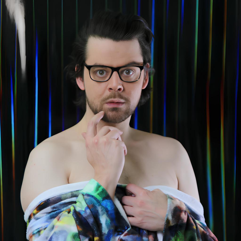 A studio-style portrait of the artist Hidéo SNES. The image captures SNES from the mid-chest up. The artist's gaze is direct and inquisitive, framed by dark-rimmed glasses. SNES has dark hair and a trimmed beard. They are partially unclothed, with a robe featuring an abstract design of blues, greens, and earth tones loosely covering their shoulders. Their right hand is elegantly posed, with fingers lightly touching their chin in a pensive manner. The backdrop is a dark, reflective material with subtle, vertical bands of color, predominantly blues and greens, adding depth and a futuristic feel to the composition.