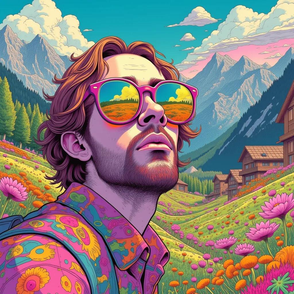 The scene features a man with long, wavy hair and a beard, wearing large, reflective sunglasses that mirror the stunning scenery around him. He is dressed in a psychedelic, patterned shirt adorned with various abstract designs, adding to the artistic and whimsical feel of the image. The background is a breathtaking mountainous landscape with snow-capped peaks under a clear blue sky dotted with fluffy white clouds. The mountains are surrounded by lush green forests, creating a harmonious blend of nature's elements. In the foreground, a field of wildflowers in shades of pink, orange, and purple stretches across the landscape, enhancing the overall vibrancy and beauty of the scene. To the right, there are quaint wooden houses nestled among the hills, suggesting a peaceful, rural setting. The entire composition exudes a sense of tranquility and freedom, making it ideal for those who appreciate art that celebrates natural beauty and the joy of outdoor adventures. This image would be a perfect addition to any collection of nature-inspired artwork, offering a visually stunning piece that evokes a sense of wonder and relaxation.