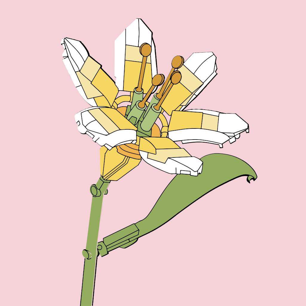 This image is a vibrant and imaginative illustration of a stylized flower, rendered in a modern, geometric art style. The flower features large, angular petals in shades of white, yellow, and green, giving it a futuristic and almost crystalline appearance. The petals are arranged in a circular pattern around the center, which consists of several green cylindrical structures with golden tips, resembling stylized pistils or stamens. The background is a soft, solid pink, which contrasts beautifully with the cool tones of the flower, making it stand out prominently. The overall design is clean and minimalistic, with sharp lines and a limited color palette that emphasizes the flower's unique and artistic form. Artist: Erone Studio