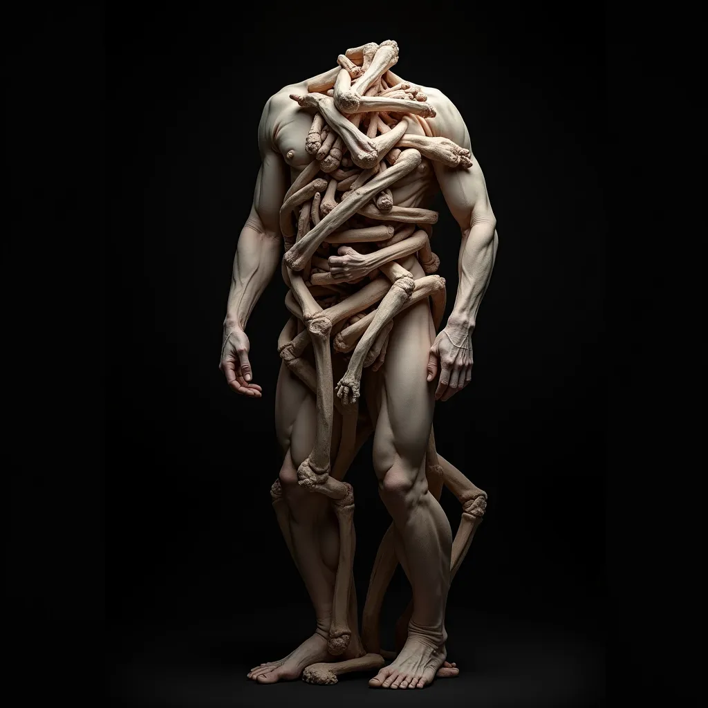 This image is a striking and surreal artwork featuring a human figure with a unique and intricate design. The figure appears to be a muscular, anatomically detailed human form, but instead of a typical skin covering, it is adorned with an elaborate arrangement of intertwined bones. These bones are positioned in a way that they seem to be both part of the figure's anatomy and an external structure, creating a complex and almost skeletal appearance. The bones are arranged in a manner that suggests movement and interaction, as if they are in the process of growing or being woven into the body. The positioning of the bones gives the impression of a dynamic, almost living structure, with some bones appearing to be in motion or in the process of being integrated into the figure's form. The overall effect is both eerie and captivating, evoking themes of mortality, the human body, and the interplay between life and death. The background is a deep, dark black, which serves to highlight the pale, almost translucent quality of the bones and the smooth, sculpted lines of the human form beneath them. This contrast enhances the dramatic and otherworldly feel of the piece, making it stand out even more against the stark backdrop.