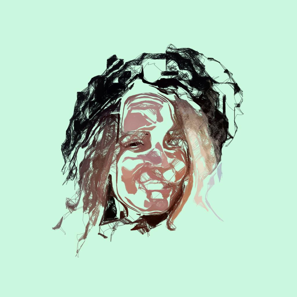 This image is a digital artwork featuring a stylized portrait of a person with a unique and expressive face. The artwork employs a combination of sketch-like lines and vibrant colors to create a dynamic and textured appearance. The background is a soft, pastel green, which contrasts nicely with the darker tones used in the hair and facial features. The hair is depicted in a flowing, almost abstract manner, with intricate black lines that give it a sense of movement and depth. The facial features are rendered with bold, expressive strokes, emphasizing the contours and expressions of the face. The overall style of the artwork is modern and contemporary, with a focus on capturing the essence of the subject through a blend of realism and abstraction.