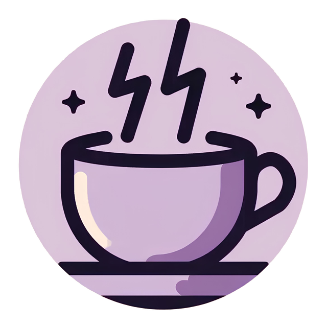The Electric Melange logo features a stylized, round emblem with a light purple background. In the center, there's a coffee cup, also in shades of purple, resting on a saucer. Rising from the cup are two black, jagged lines resembling lightning bolts, suggesting 'electric.' The cup itself has a simple, modern design with a visible handle. To the upper left and right of the cup are small, four-pointed star shapes, adding a touch of whimsy and sparkle. The overall design is clean, contemporary, and conveys a sense of energy and creativity, fitting for an online art gallery.