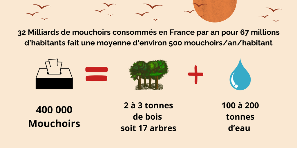 7 Raisons pour abandonner le jetable et faire place aux mouchoirs en tissu ♻️
🪵 On évite la déforestation
💧 On économise beaucoup d’eau
⚡ On produit beaucoup moins d’électricité 
🧪 On évite l’utilisation massive de chlore, polluant risques d’allergie
🗑️ On génère beaucoup moins de déchets, démarche zéro déchet
🤍 La douceur du tissu est plus agréable
💰 Économique car réutilisables 
32 milliards de mouchoirs consommés en France par an pour 67 millions d'habitants fait une moyenne d'environ 500 mouchoirs par an et par habitant. 400000 de mouchoirs = 2 à 3 tonnes de bois soit 17 arbres + 100 à 200 tonnes d'eau