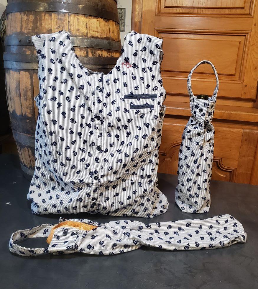 Sac chemise en textile upcyclé cousu main – réutilisable pour transporter bouteille, baguette ou objets du quotidien zéro déchet, écoresponsable - Momo la Débrouille