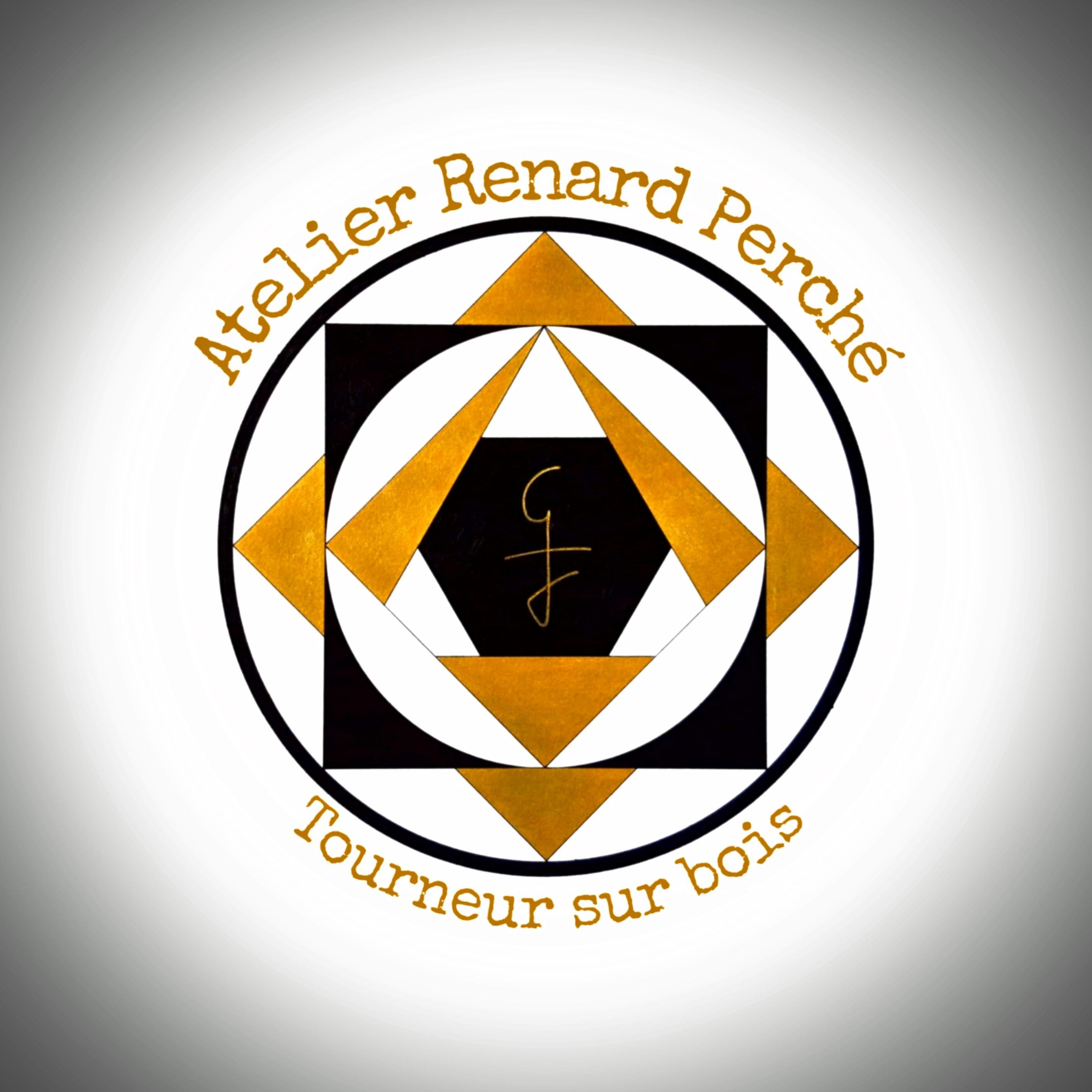 Logo de atelier renard perché, dessin d'inspiration symbolique et ésotérique mélant cercles, carrés et triangles dans les tons blanc, noirs et or.