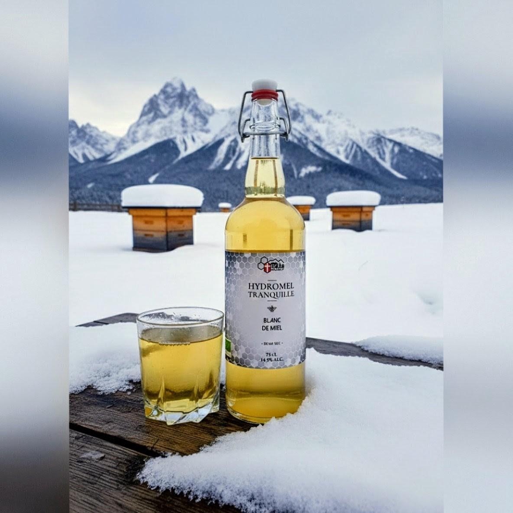 Hydromel bio non pétillant, 14,5 % alc. Blanc de Miel, un semi-sec élégant au miel français, alliant rondeur et finesse gastronomique.