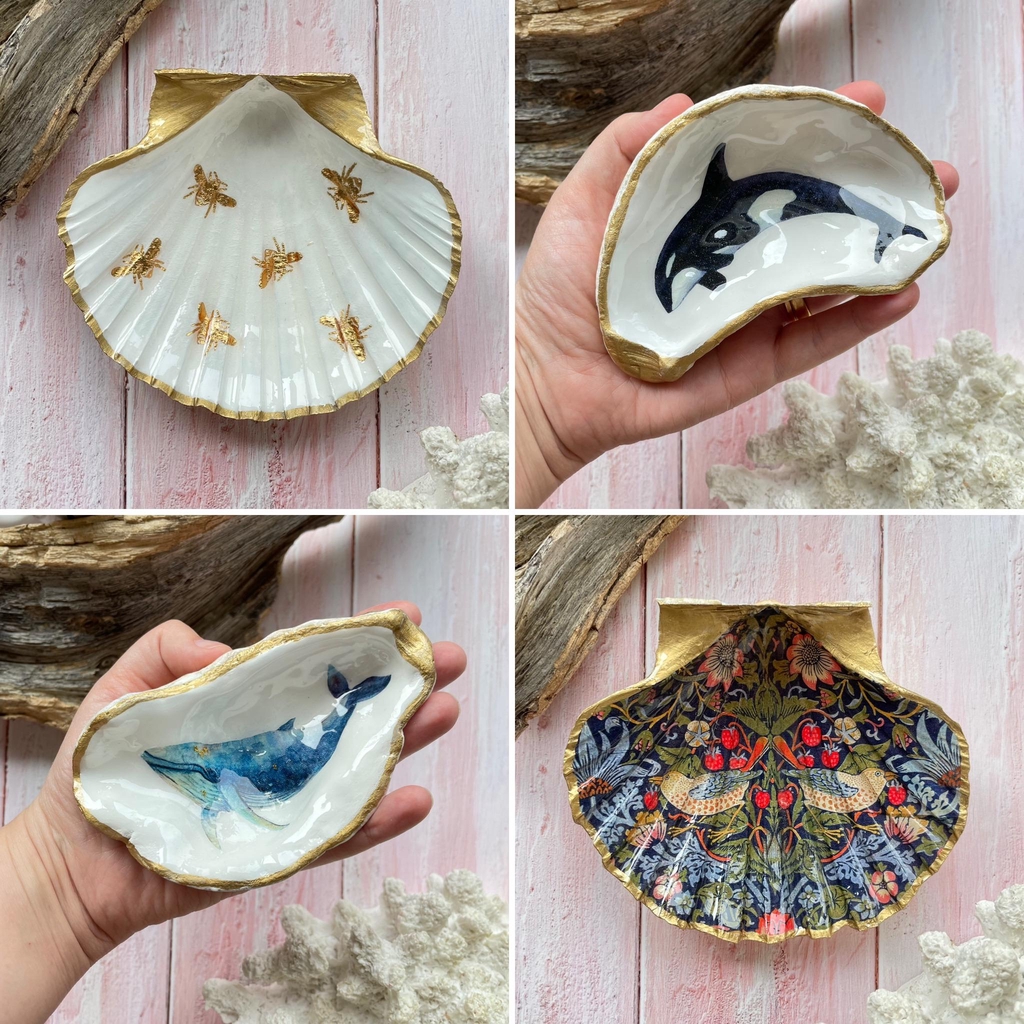 examples of shell art, oyster, scallops, gold bees, whale, william morris strawberry thief 
