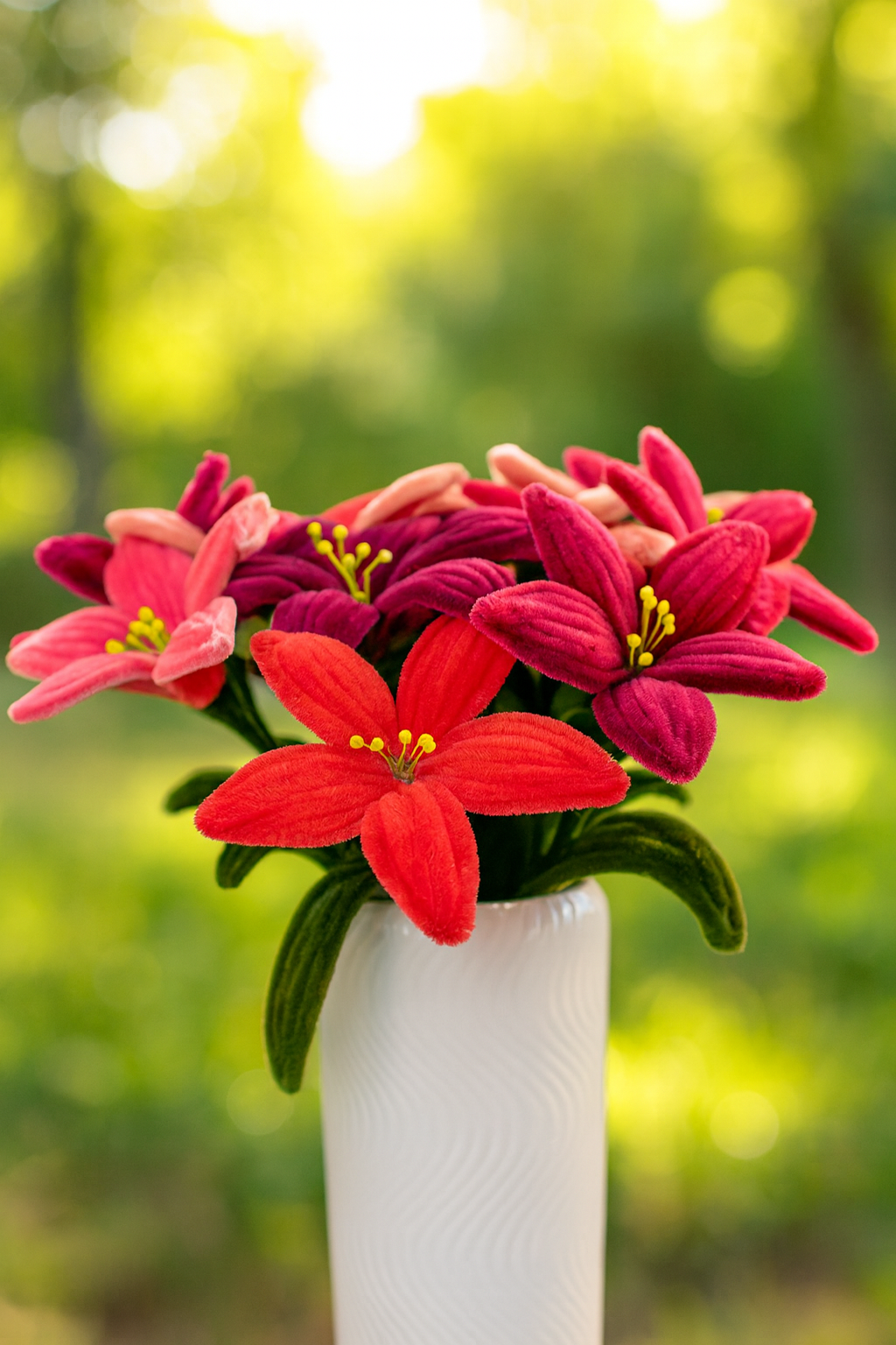 Fleurs rouges et roses en fil chenille avec cœur jaune, photographiées en gros plan sur un fond vert.