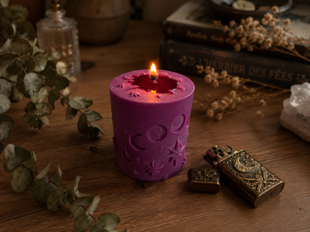 Bougie violette allumée aux motifs lunaires, posée sur une table en bois avec des fleurs séchées et des objets décoratifs dans une ambiance sombre et chaleureuse.