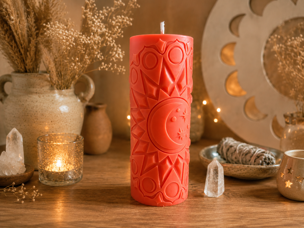 Bougie artisanale orange aux motifs lunaires dans un intérieur chaleureux, décoré de cristaux et de bougies.