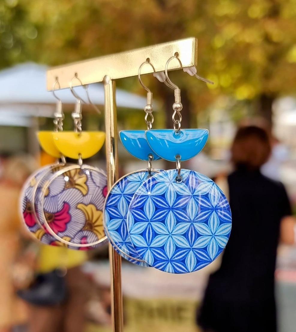 boucle d'oreille en bois imprimé wax et couche de résine pour la brillance