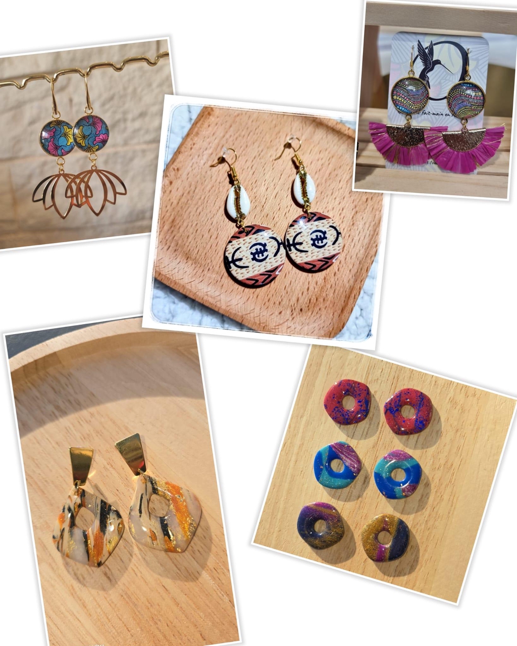 bijoux en wax, bois, résine, cabochon, pâte polymère