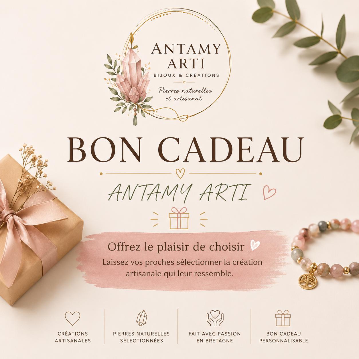 Bon cadeau ANTAMY ARTI permettant d'offrir un bijou artisanal, un bracelet en pierres naturelles, un attrape-soleil ou une création en micro-macramé.
