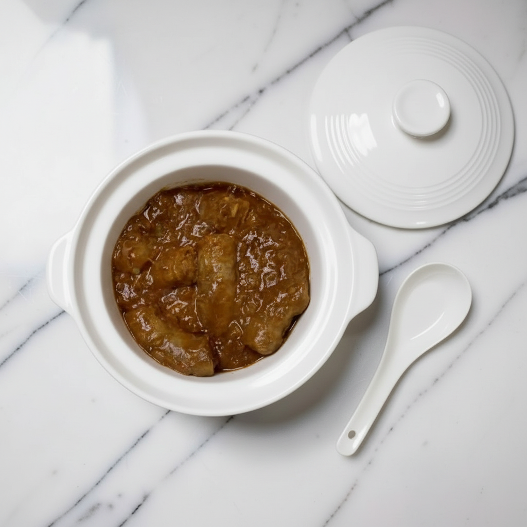 A hearty Boerewors stew in a bowl, featuring chunky pieces of boerewors sausage, sautéed onions, green peppers, and a rich tomato-based sauce, garnished with parsley, ready to serve with rice, bread or Pap