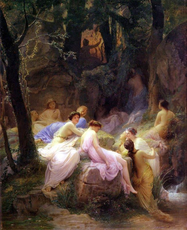 "Nymphes écoutant les chants d'Orphée" de Charles-François Jalabert, 1853. Peinture à l'huile représentant plusieurs nymphes de la mythologie grecque réunies dans un cadre naturel et boisé, peut-être dans un sous-bois, captivées par la musique d'Orphée, qui est visible en arrière-plan. 