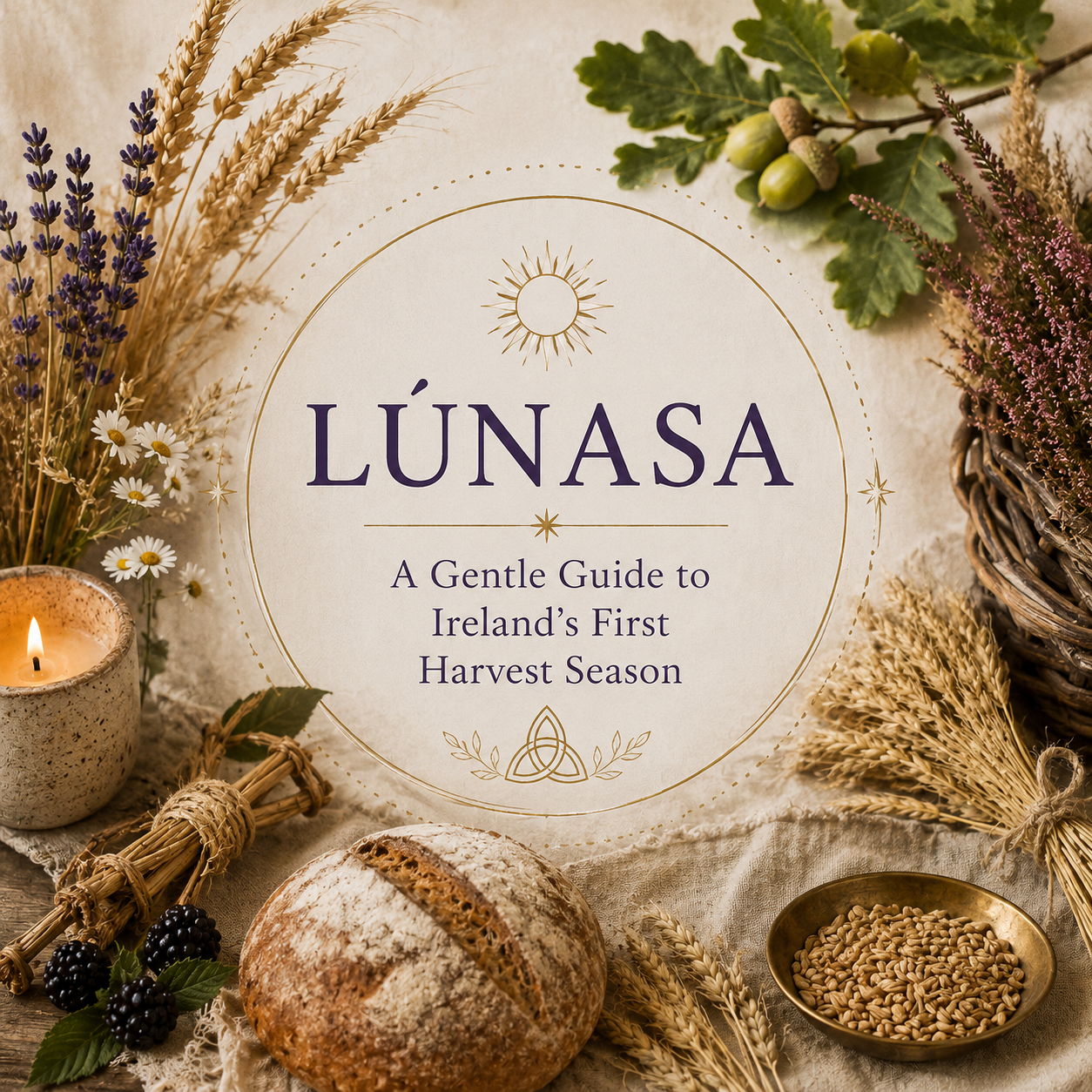Square cover image for “Lúnasa: A Gentle Guide to Ireland’s First Harvest Season” on a soft cream background, decorated with wheat, lavender, bread, blackberries, grain, greenery and a candle. In the centre, deep violet text is framed by a fine gold circle with subtle sun and Celtic-inspired details, creating a warm seasonal harvest feel.