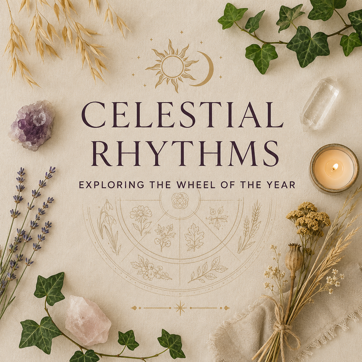 A square blog category graphic on a soft cream textured background with the title “Celestial Rhythms” in large deep violet serif text and the subtitle “Exploring the Wheel of the Year” beneath it. The design is styled with seasonal and spiritual elements including ivy, dried grain, lavender, a candle, crystals, and subtle gold celestial motifs, with a faint Wheel of the Year illustration in the centre.