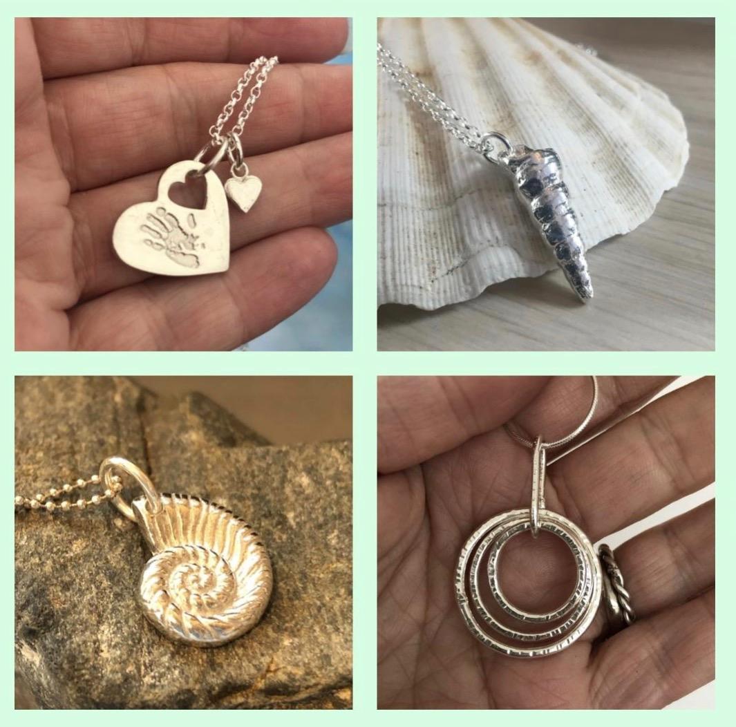 Handmade sterling silver pendants by Silverre including fingerprint jewellery and dichroic glass designs.