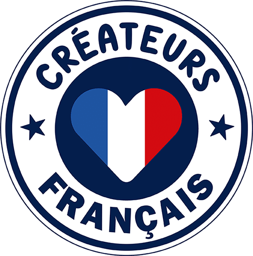 rond avec au centre en bleu blanc rouge un cœur et inscrit autour créateurs français