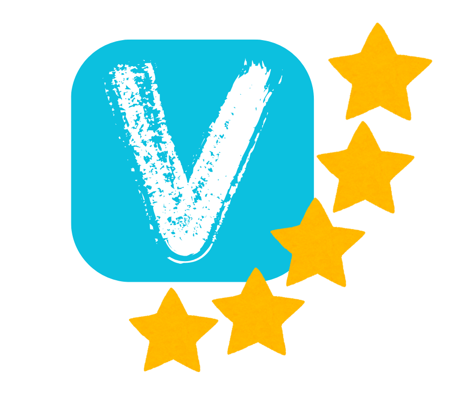 Un V blanc sous fond bleu avec cinq étoiles jaunes représentant le logo de vinted