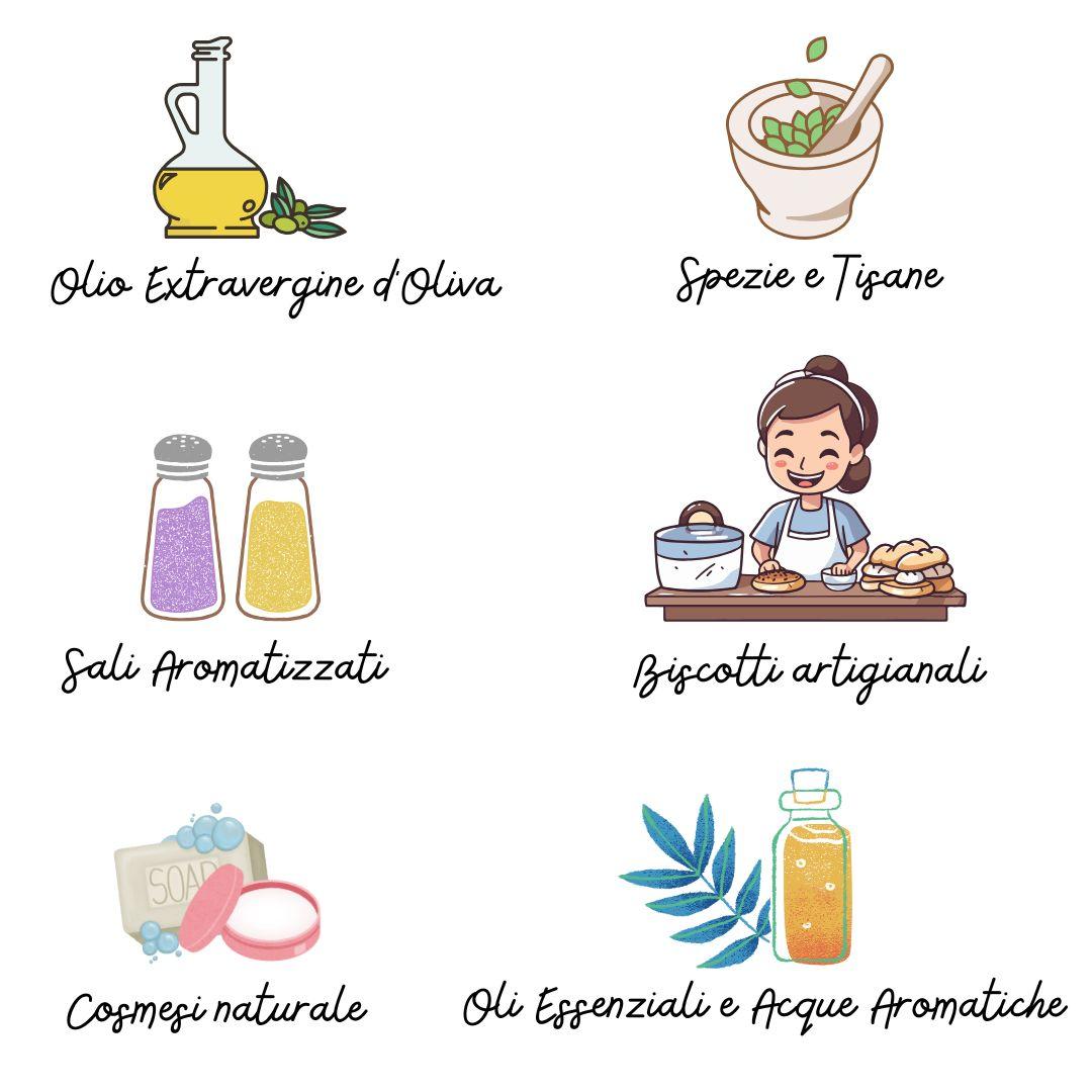 lavanda, elicriso, rosmarino, sali aromatizzati, olio EVO, oli essenziali, acque aromatiche, idrolati, profumatori, biscotti alla lavanda, biscotti all'elicriso, tisane e confezioni regalo per lei, box regalo, azienda agricola biologica