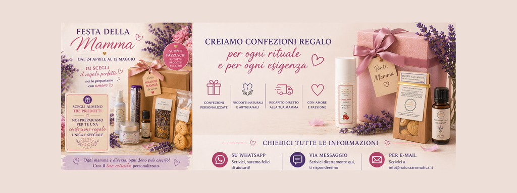 Regali festa della mamma. 
Promozione e confezioni regalo festa della mamma. crema viso anti-age, lavanda, tisane, acque profumate, olio essenziale, biscotti, bagnoschiuma, shampoo, lavanda in cucina