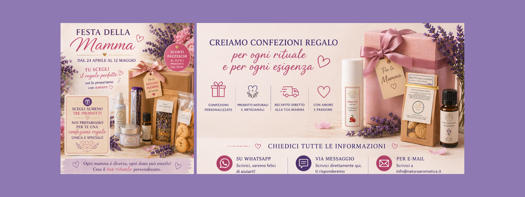 Regali festa della mamma. 
Promozione e confezioni regalo festa della mamma. crema viso anti-age, lavanda, tisane, acque profumate, olio essenziale, biscotti, bagnoschiuma, shampoo, lavanda in cucina