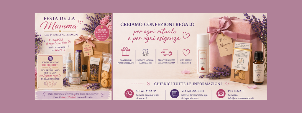 Regali festa della mamma. 
Promozione e confezioni regalo festa della mamma. crema viso anti-age, lavanda, tisane, acque profumate, olio essenziale, biscotti, bagnoschiuma, shampoo, lavanda in cucina