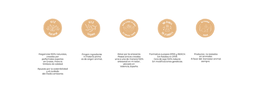 Valores Sláinte by Carica: fragancias de Grasse, cera de soja vegana, artesanal en Valencia, sin tóxicos y sin crueldad animal.