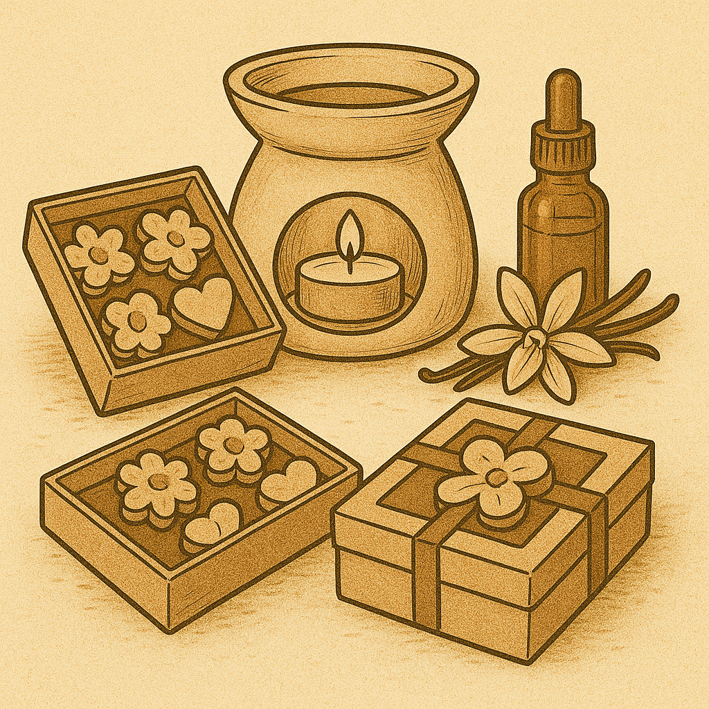 Dessin carré de fondants parfumés en forme de fleurs et cœurs, accompagnés d’un brûleur à cire et d’une fiole d’huiles essentielles.