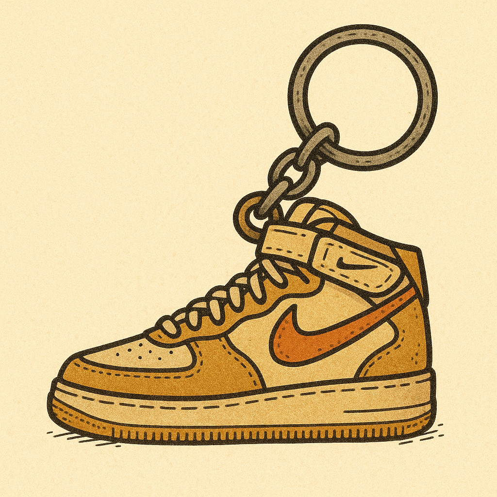 Illustration carrée d’un porte-clé représentant une chaussure Nike Air Force 1 dessinée en style vintage sur fond beige.