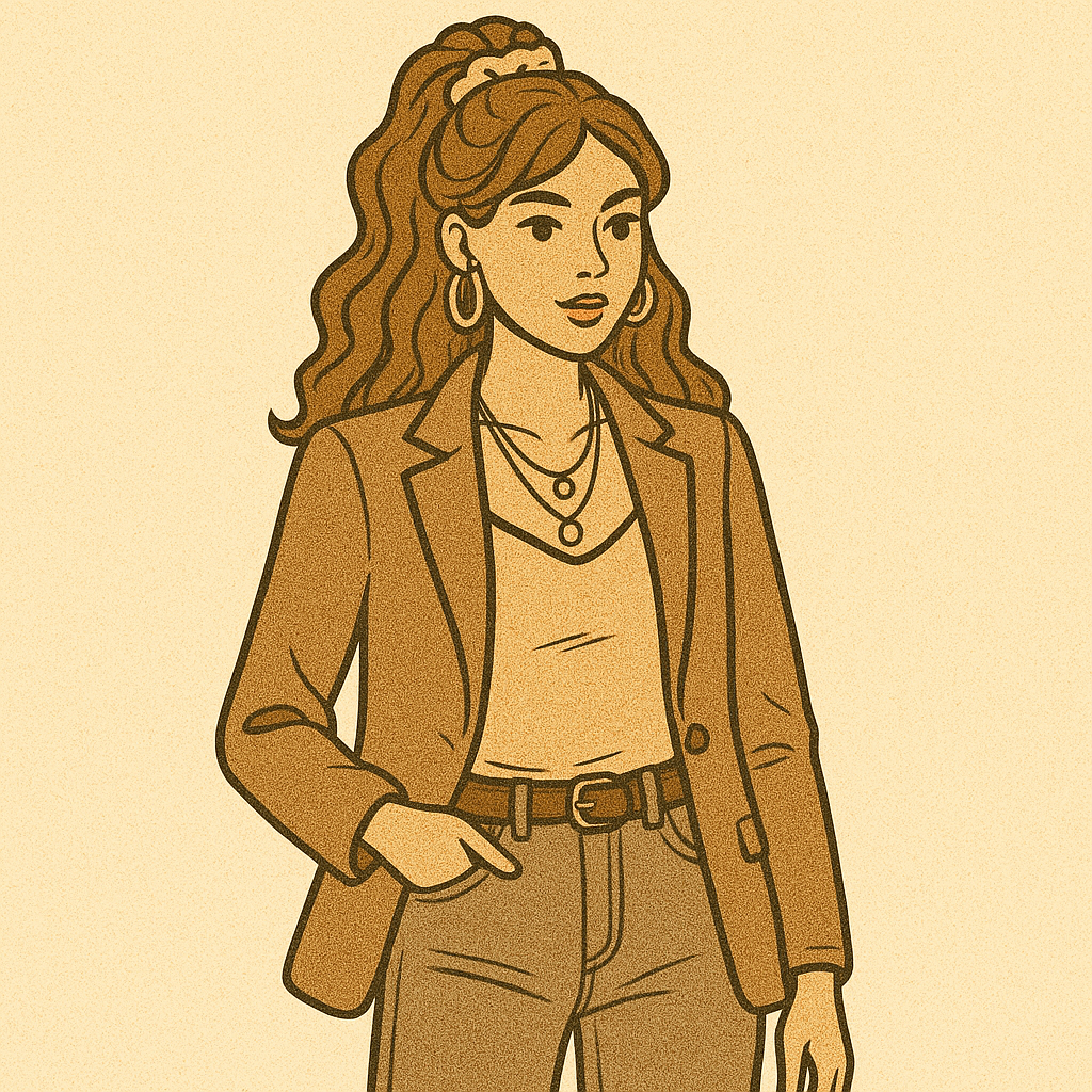 Portrait dessiné d’une femme moderne avec blazer, jeans, créoles et coiffure stylée, ambiance mode vintage.