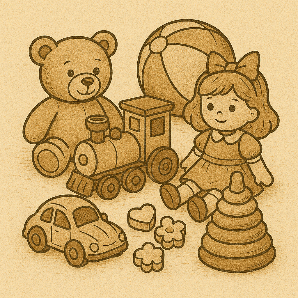 Illustration de jouets pour enfants : ours en peluche, poupée, train, voiture et jouets d’éveil, ambiance douce et nostalgique.