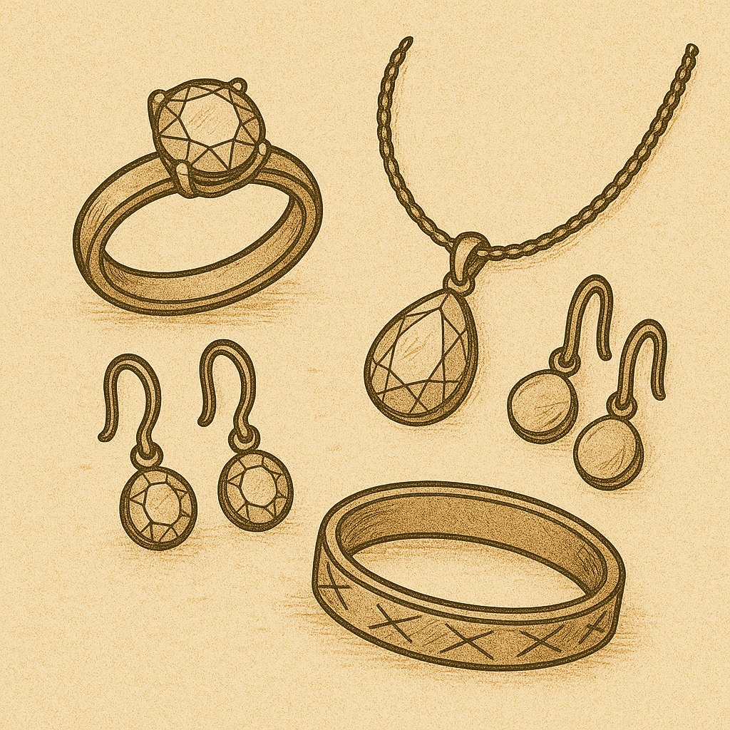 Illustration vintage de bijoux fantaisie comprenant bague, collier, boucles d’oreilles et bracelet, dessinés à la main sur fond beige texturé.