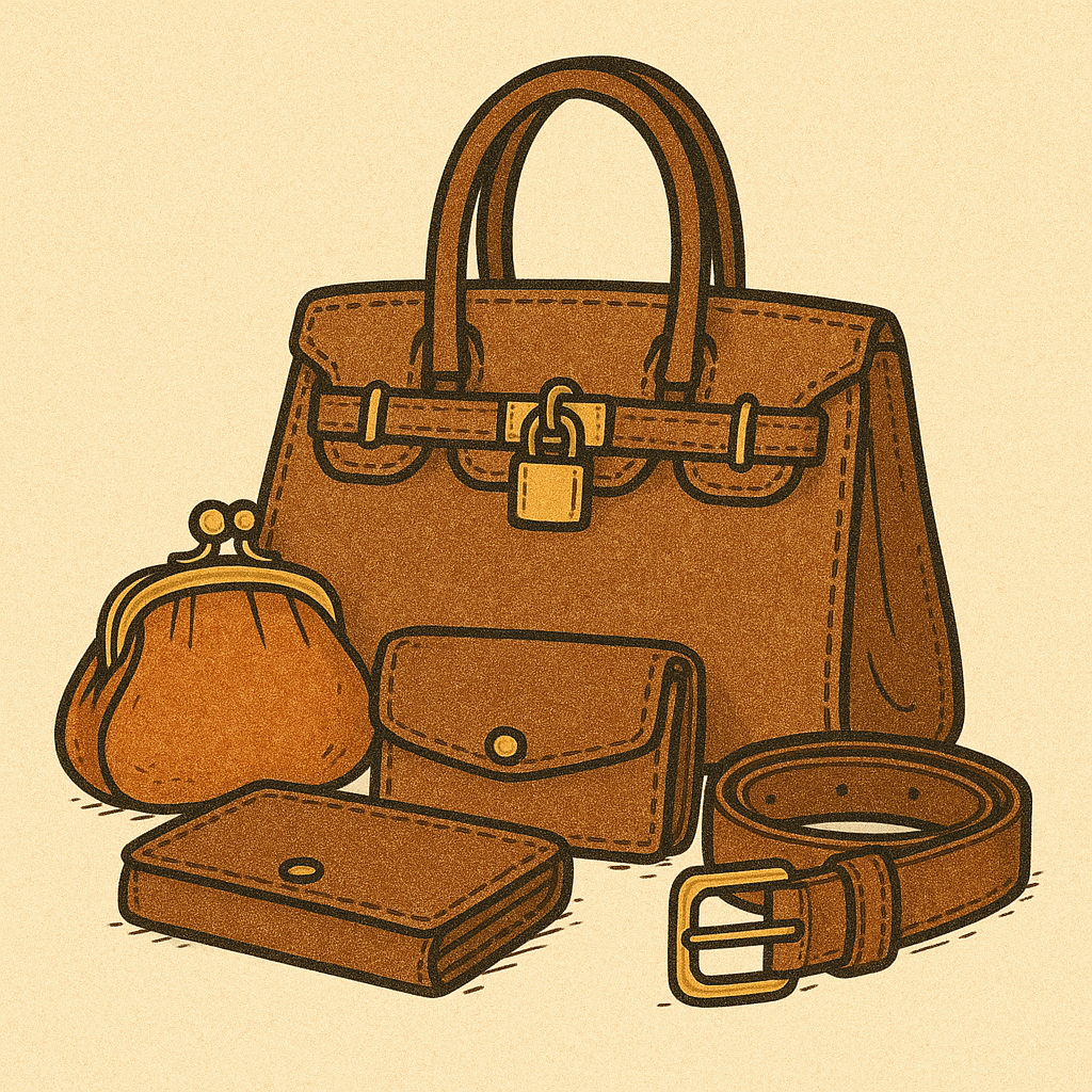 Illustration de sac à main, ceinture, portefeuille et porte-monnaie en cuir marron, style dessiné à la main, ambiance rétro chic.