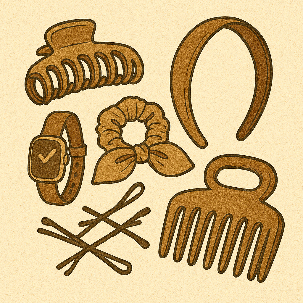 Illustration d’accessoires pour cheveux : chouchou, peigne afro, pince crabe, serre-tête et épingles, style dessin à l’ancienne.