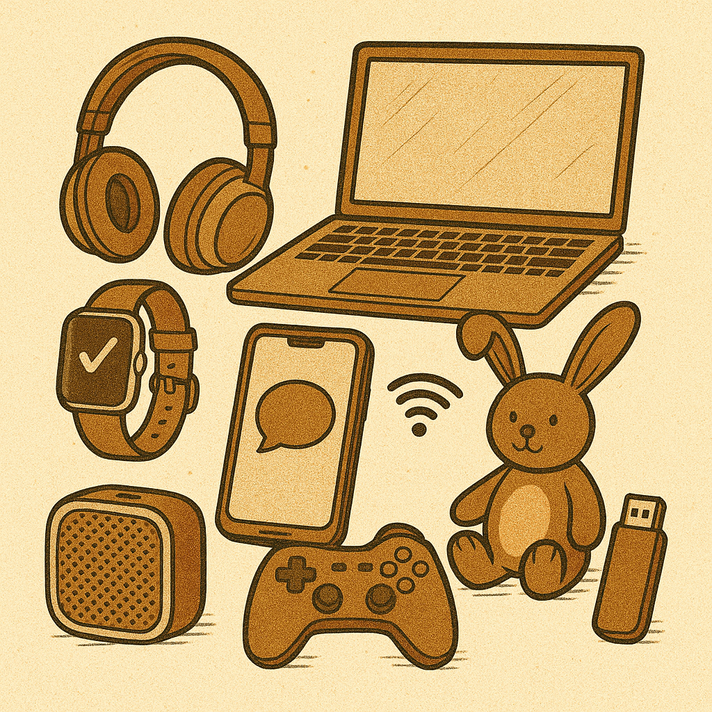 Dessin rétro d’objets high-tech : casque audio, smartphone, montre connectée, manette, enceinte Bluetooth et ordinateur portable.
