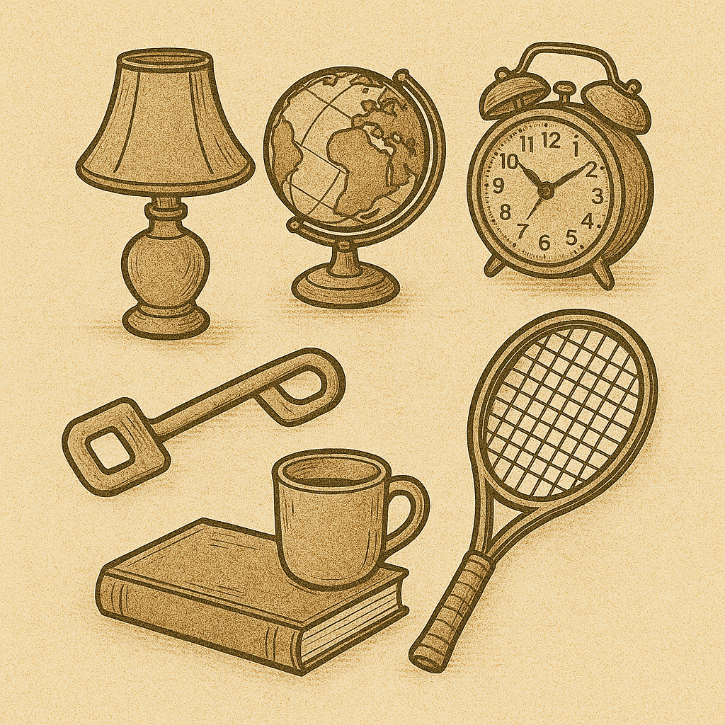 Dessin rétro d’objets de bazar avec lampe, globe, réveil, clé, tasse, livre et raquette, illustrant un ensemble d’accessoires de maison divers.