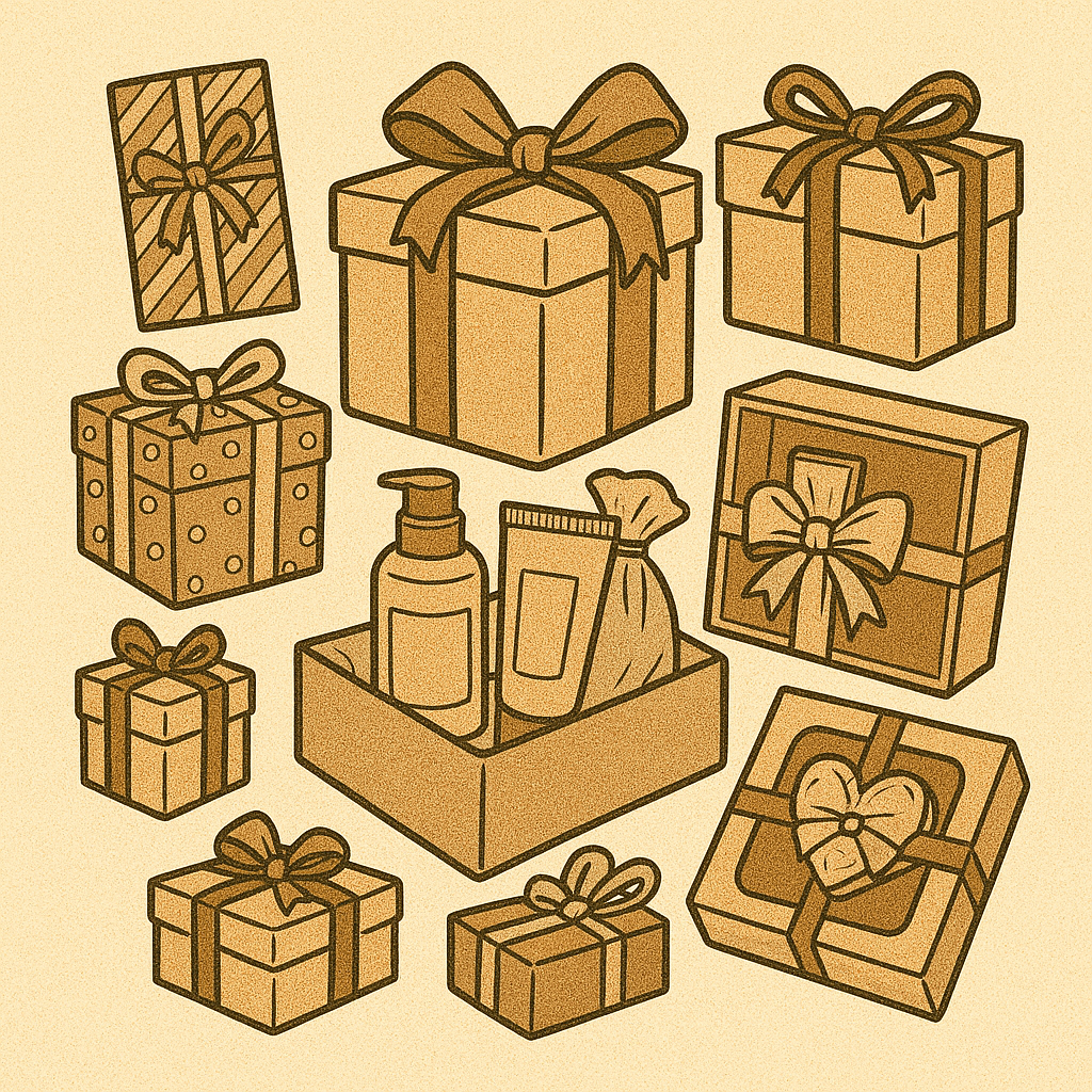 Illustration d’une sélection de coffrets cadeaux et soins : boîtes à rubans, flacons et sachets, sur fond rétro et apaisant.