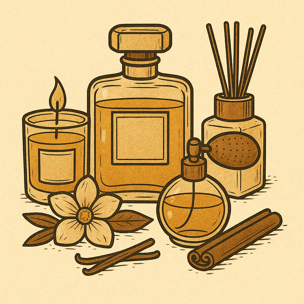 Dessin vintage de parfums et accessoires aromatiques : bougie, flacons, diffuseur à bâtonnets et fleur de vanille sur fond doux.